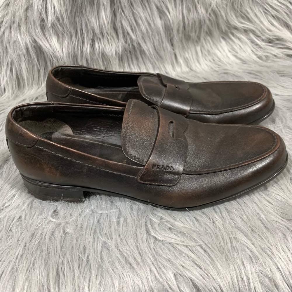 Prada Men's 2DC213 Brown Brushed Spazzolato Leather Penny Loafer Business Shoes - Picture 2 of 12